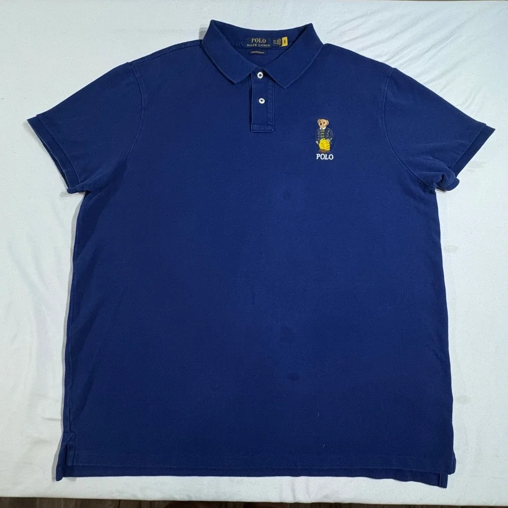 Polo Ralph Lauren Polo Shirt Mens XXL Navy Blue Bear Custom Slim Fit Preppy Logo
